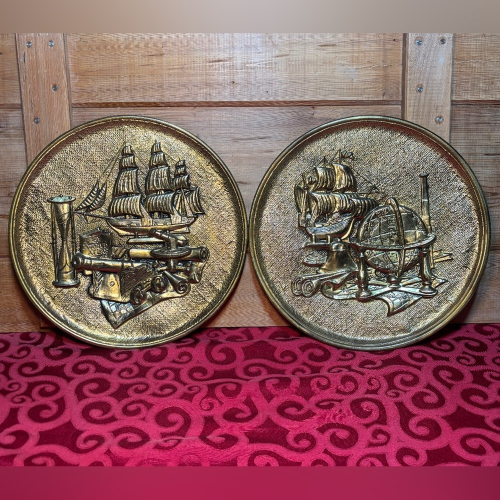 Vintage MCM Nautical Embossed Brass Wall Plates featuring Nautical Scenes!